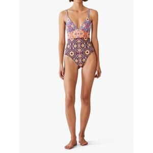 BODEN Arezzo Plunge Neck Panel French Navy MultiOne Piece Swimsuit Sz 14